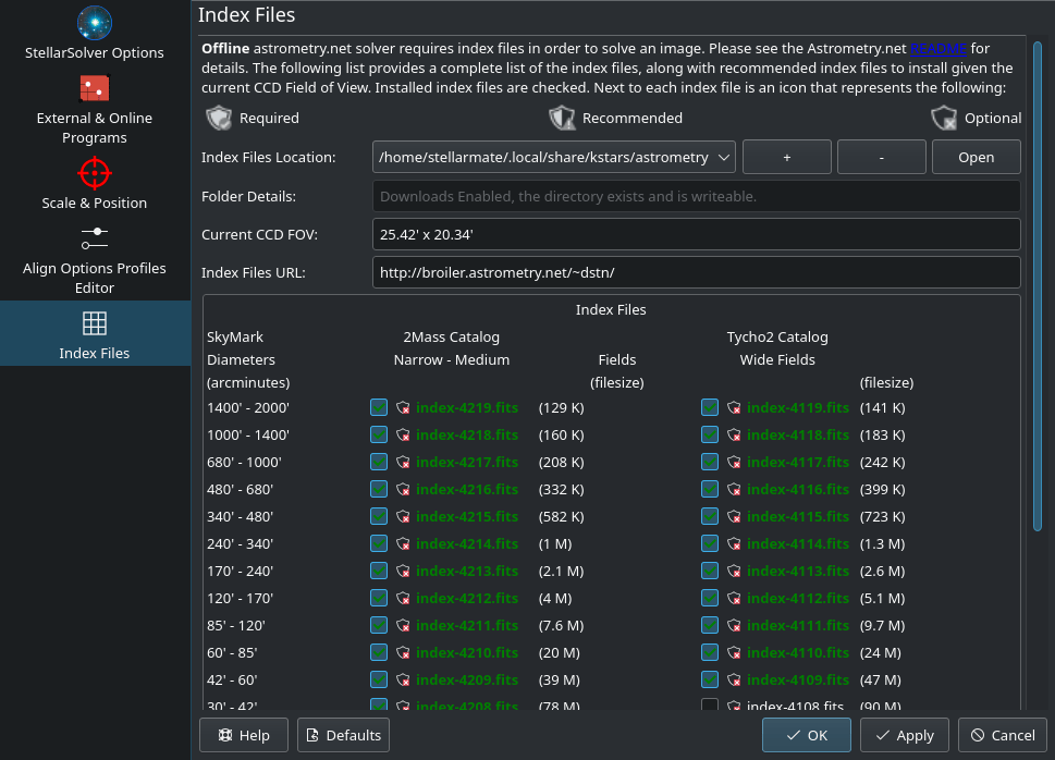 astrometry indexes settings